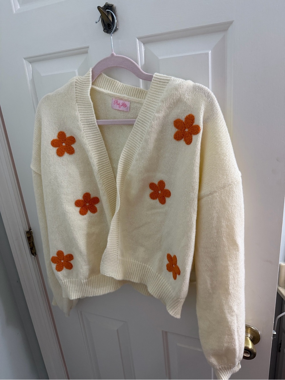 Pink Lily Cream Open-Front Cardigan with Orange Flower Appliqués